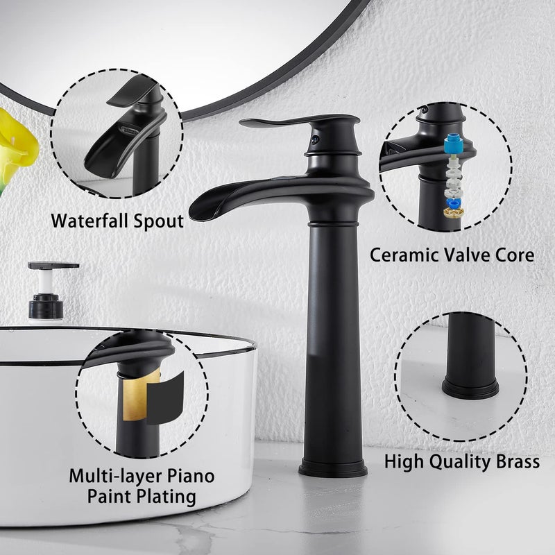 GGStudy Black Bathroom Faucet GGStudy Single Handle One Hole Farmhouse Waterfall Bathroom Vessel Sink Faucet Matte Black Matching with Pop Up Drain - Image 5